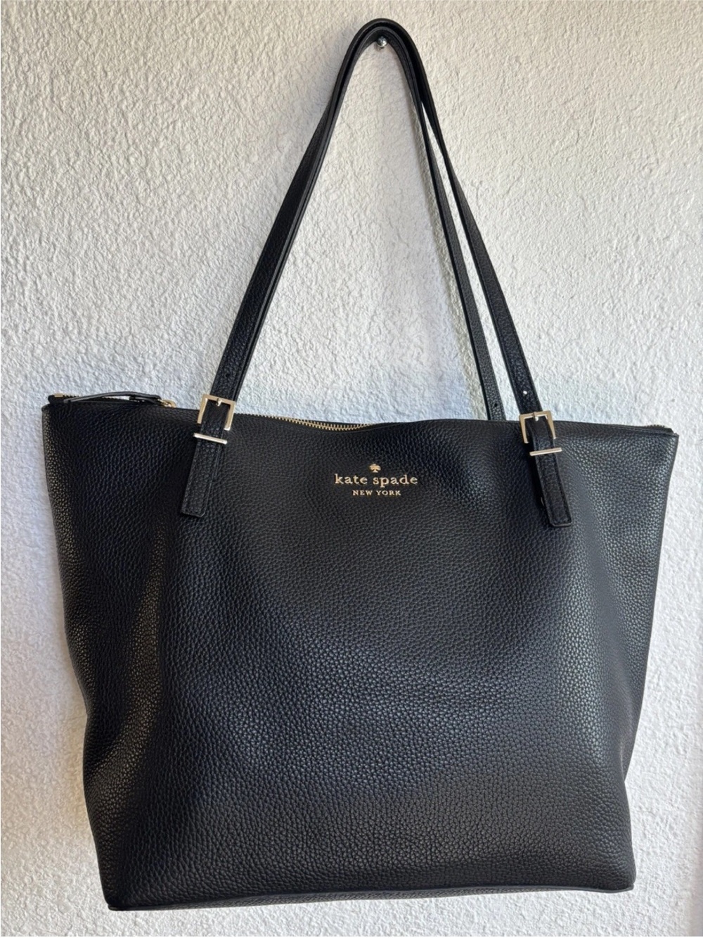 kate spade Black Pebbled Leather Zip-Top Tote with Gold Logo